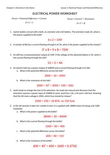 electric power physical science worksheet answers