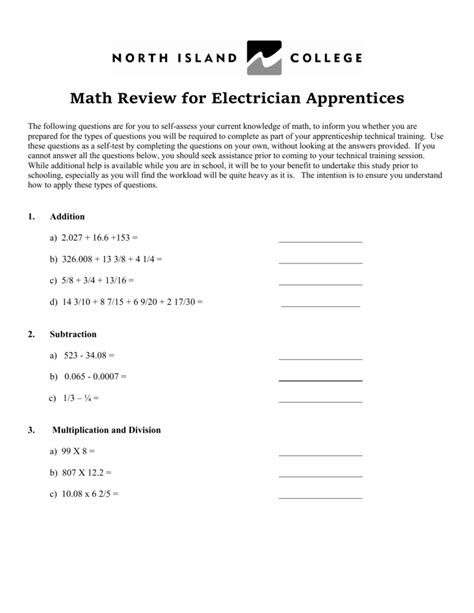 electrical apprentice math test questions