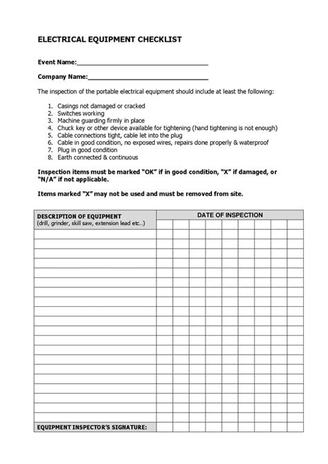 Electrical Equipment Checklist Form