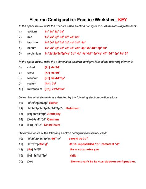 electron configuration practice worksheet key