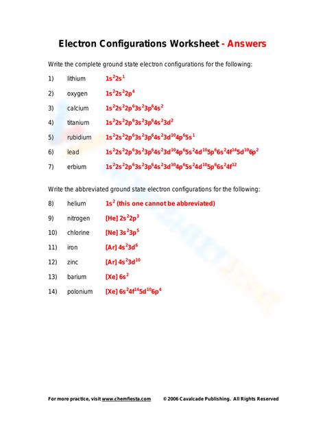 electron configuration worksheet answers key