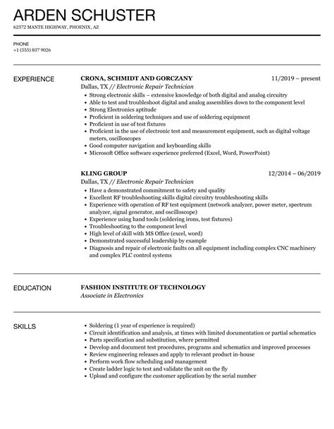 electronic repair technician resume