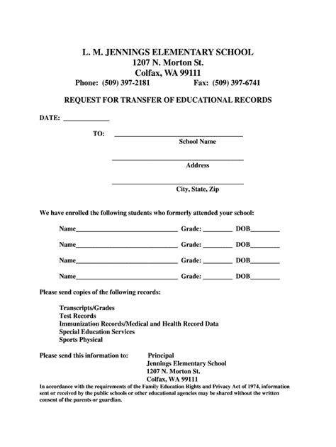 elementary school records request form template