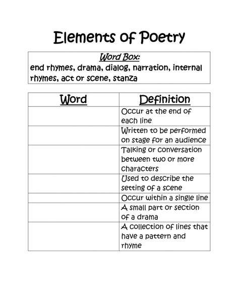 elements of poetry worksheet