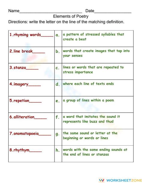 elements of poetry worksheet answers