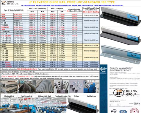 Elevator Guide Rail Price List