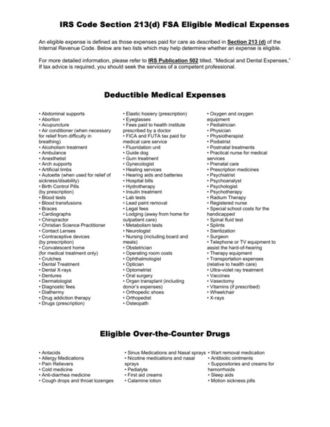 eligible medical expenses for tax deduction