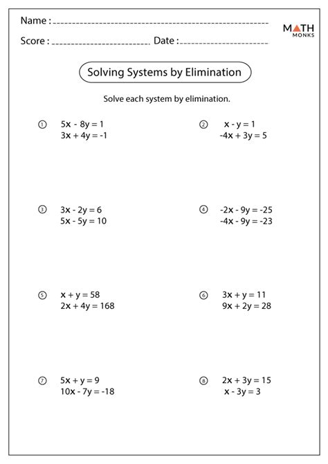 Elimination Problems Worksheet Math