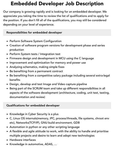 embedded system developer job description