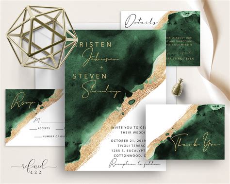 Krystin & Hector Emerald green weddings, Gold wedding invitations