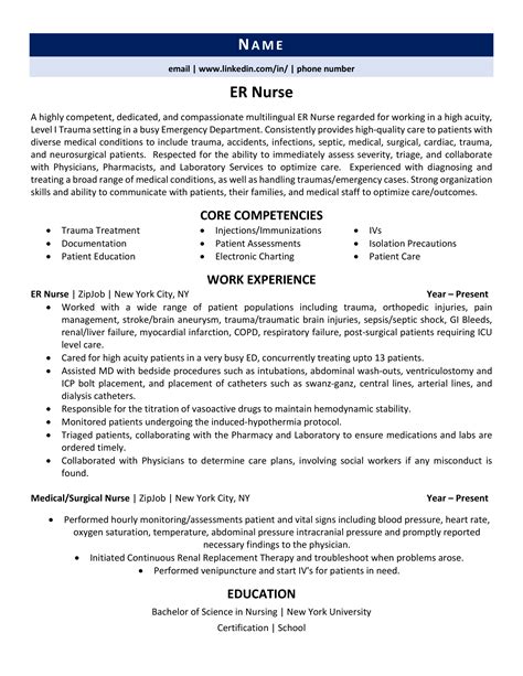 Registered Nurse (RN) Emergency Room Resume Example