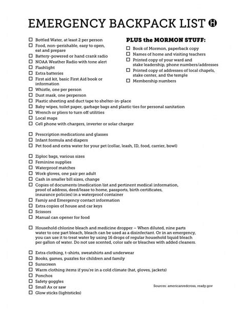 Emergency Backpack List
