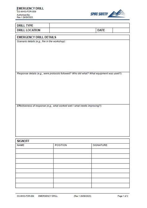 Emergency Drill Documentation Sheet