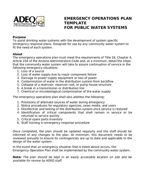 Emergency Response Plan Water System