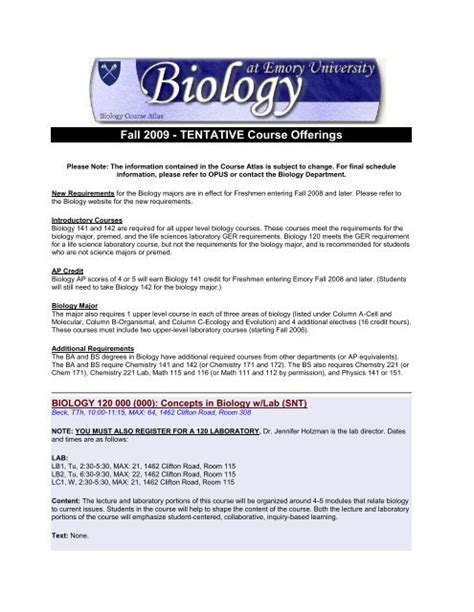 emory biology major courses