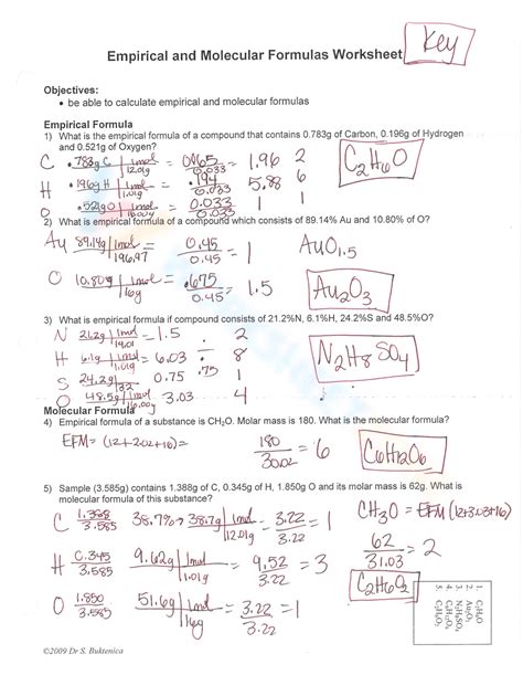 empirical and molecular formulas worksheet answer key