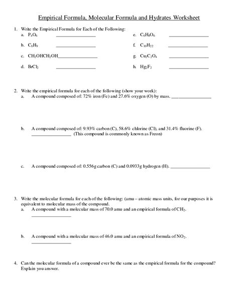 empirical and molecular formulas worksheet answers pdf