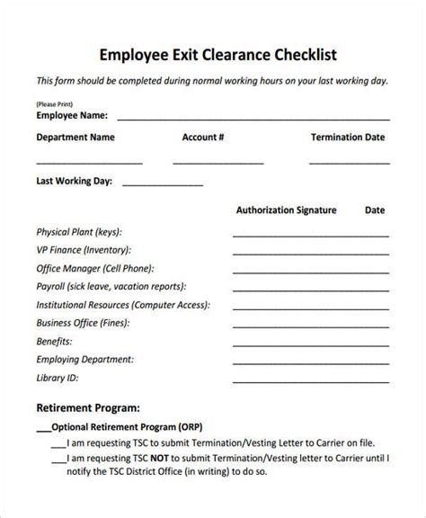 employee exit clearance form template