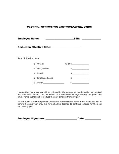 Employee Payroll Deduction Authorization Form Template
