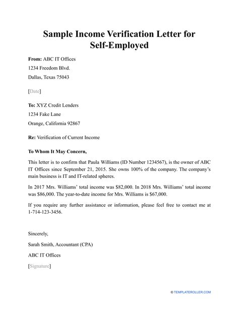Sample Verification Letter for Selfemployed Download Printable