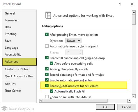 Enable Autocomplete Excel