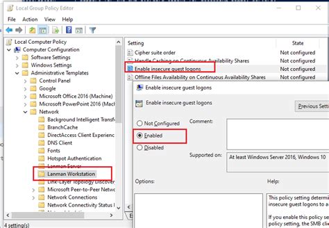 enable insecure guest logons policy