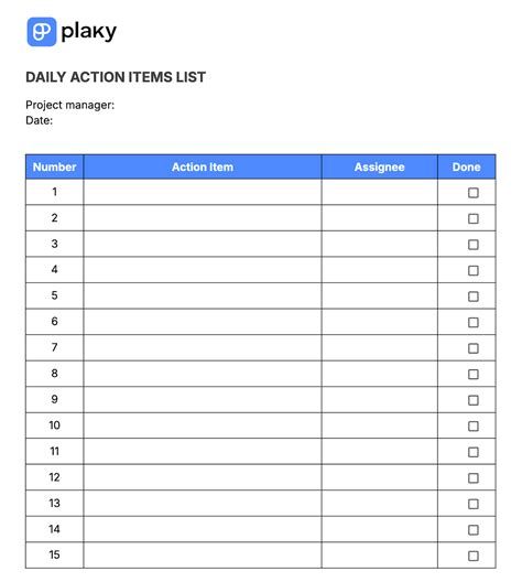 Enaction Items List Template
