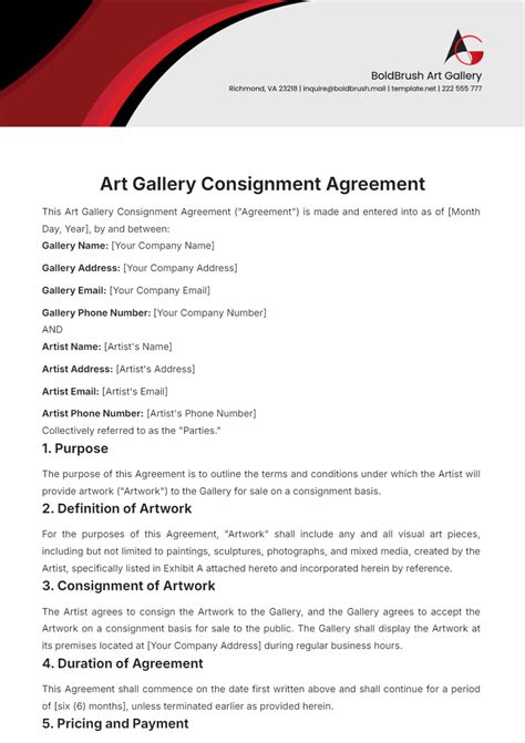 Enart Gallery Consignment Agreement Template