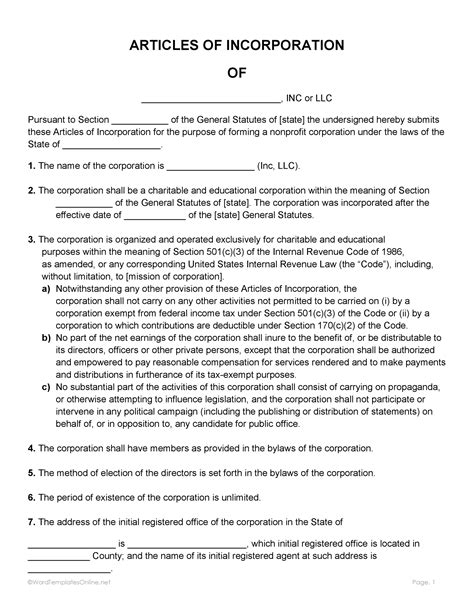Enarticle Of Incorporation Template