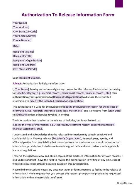Enauthorization To Release Information Template