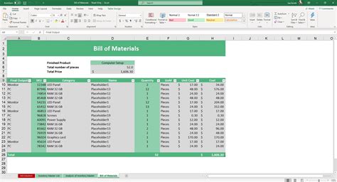 Enbill Of Materials Excel Template