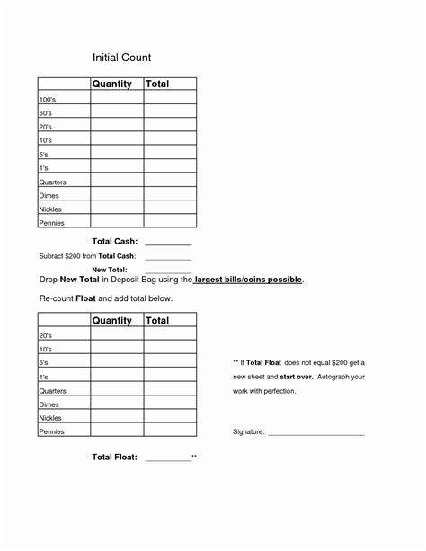 Encash Drawer Count Sheet Template Excel