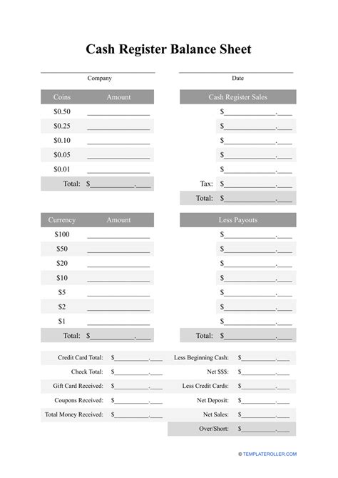 Encash Register Balance Sheet Template