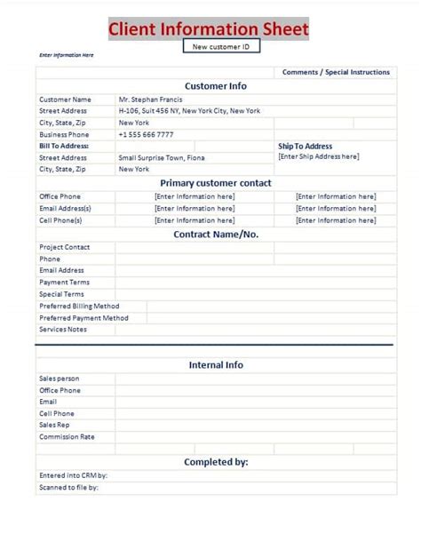 Enclient Information Sheet Template Excel