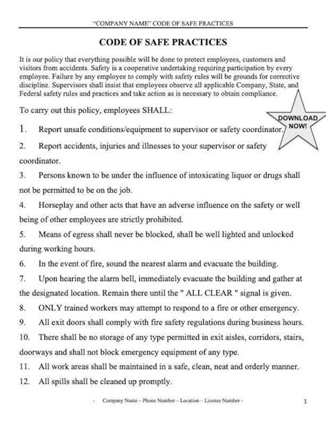 Encode Of Safe Practices Template