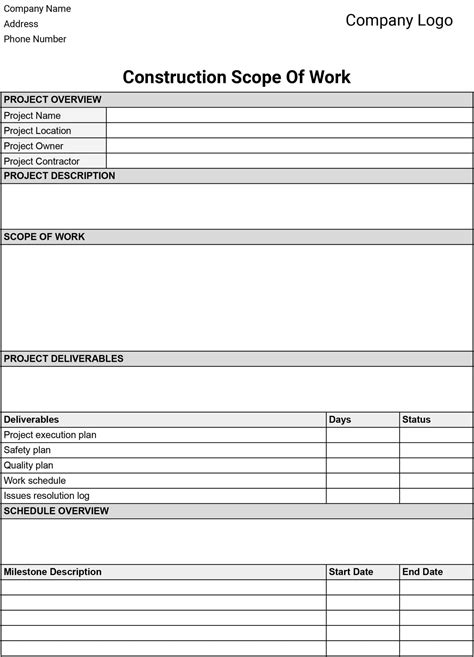 Enconstruction Scope Of Work Template Excel