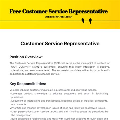 Encustomer Service Representative Job Description Template