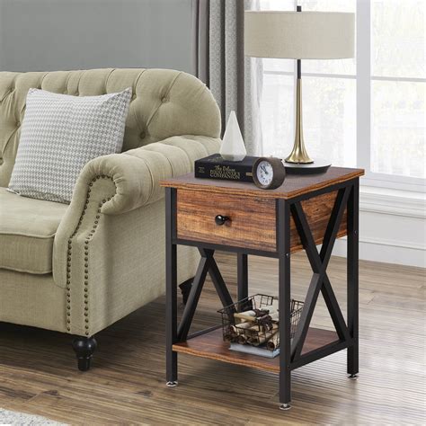 VECELO Modern End Table with 1 Drawer and Shelf Black Nightstand Accent