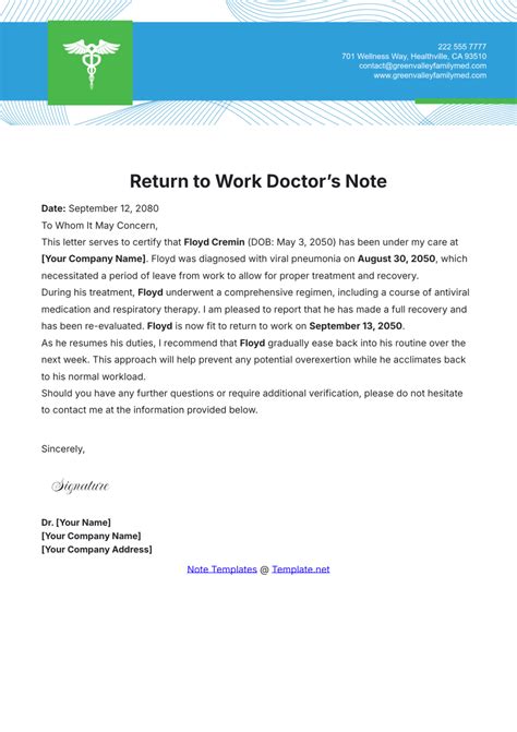 Endoctor Return To Work Note Template