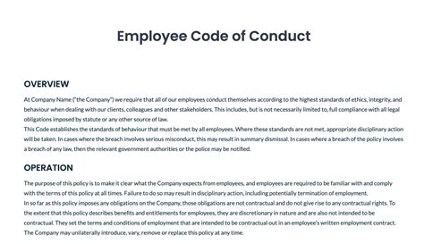 Enemployee Code Of Conduct Template Word