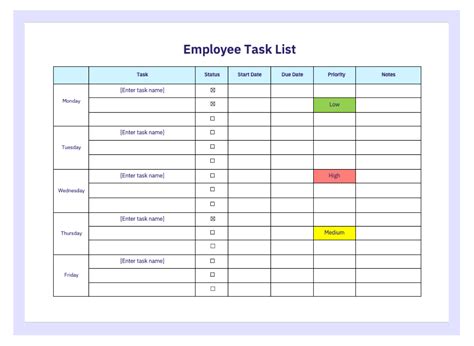 Enemployee Task List Template