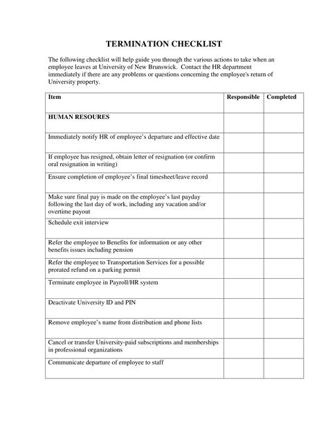 Enemployee Termination Checklist Template Excel