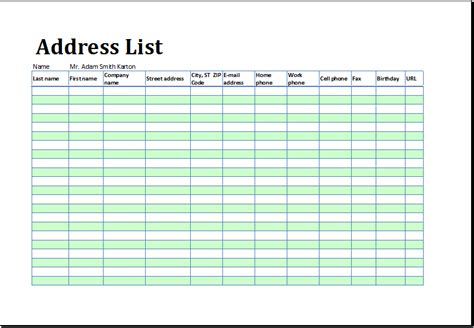 Enexcel Address List Template