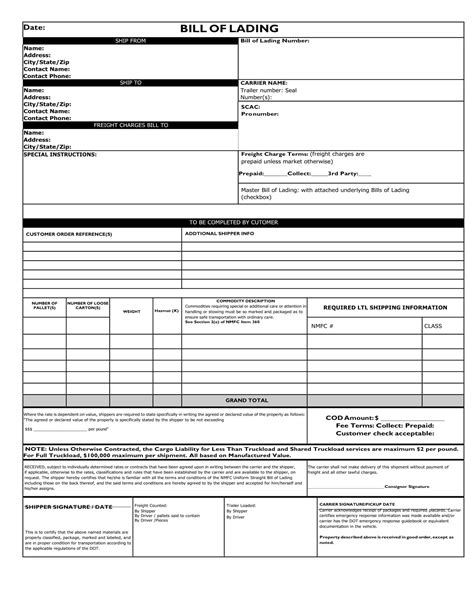 Enexcel Bill Of Lading Template