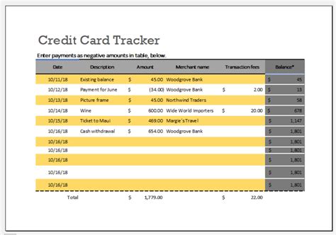 Enexcel Credit Card Tracker Template