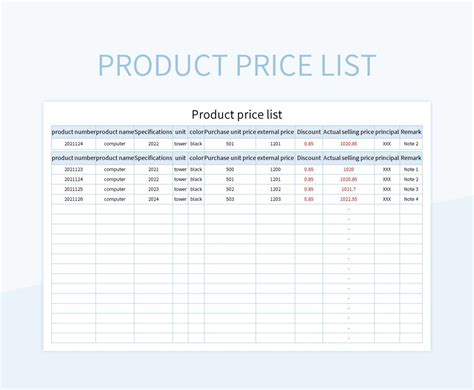 Enexcel Product Price List Template