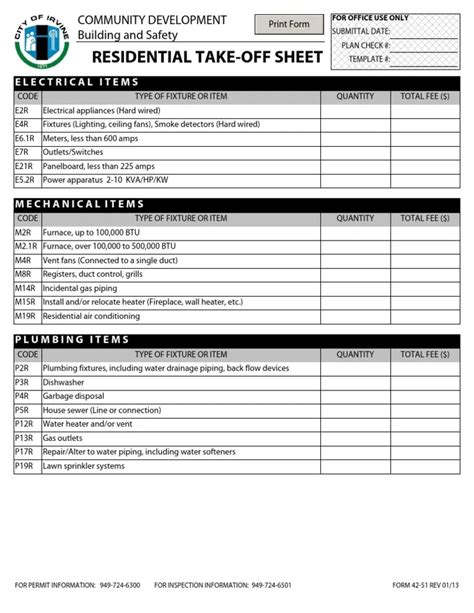 Enfree Electrical Takeoff Sheet Template