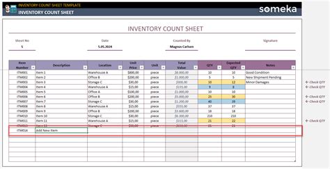 Enfree Inventory Count Sheet Template
