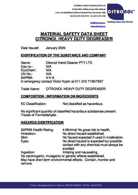 Engine Degreaser Safety Data Sheet