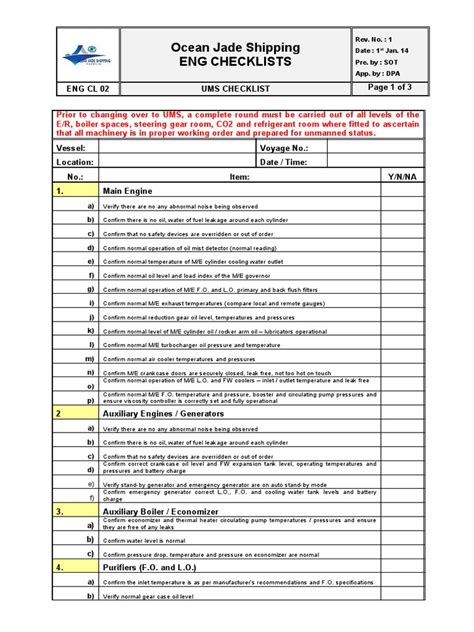 Engine Room Ums Checklist